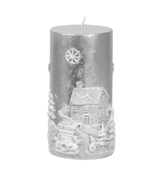 Kerze MAGICHOME WEIHNACHTEN, 7x12,5 cm, silber, mit Landschaft